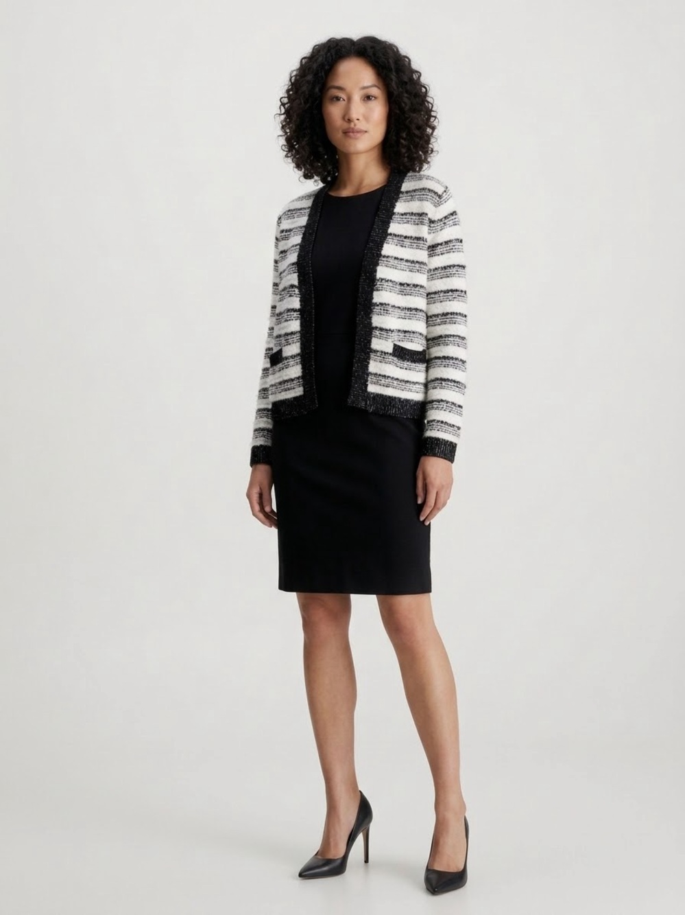 Calvin Klein Black and White Striped Bouclé Cropped Blazer